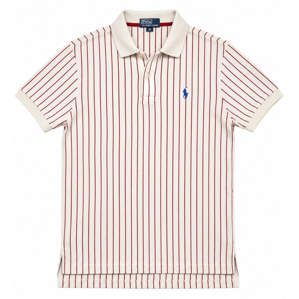 Polo Ralph Lauren Mens M Polo Shirt Cream Burgundy Striped Blue Pony Preppy
